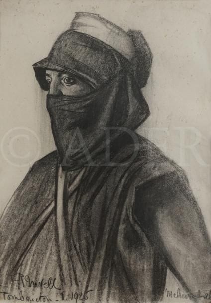 Roger NIVELT (1899-1962)
Mali, femme en tenue traditionnelle, 1925
Fusain.
Signé, daté et situé « Tombouctou » en bas à gauche.
(Rousseurs et petits plis).
47 x 34 cm