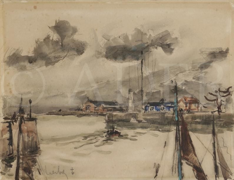 Fernand HERBO (1905-1995)
Port de Honfleur
Aquarelle.
Signée en bas à gauche.
(Rousseurs).
24,5 x 32,5 cm
