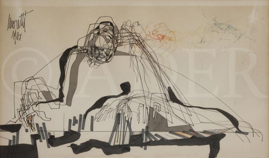 Raymond MORETTI (né en 1931)
Pianiste, 1963
Encre de Chine et aquarelle.
Signé et daté en haut à gauche.
31 x 48 cm