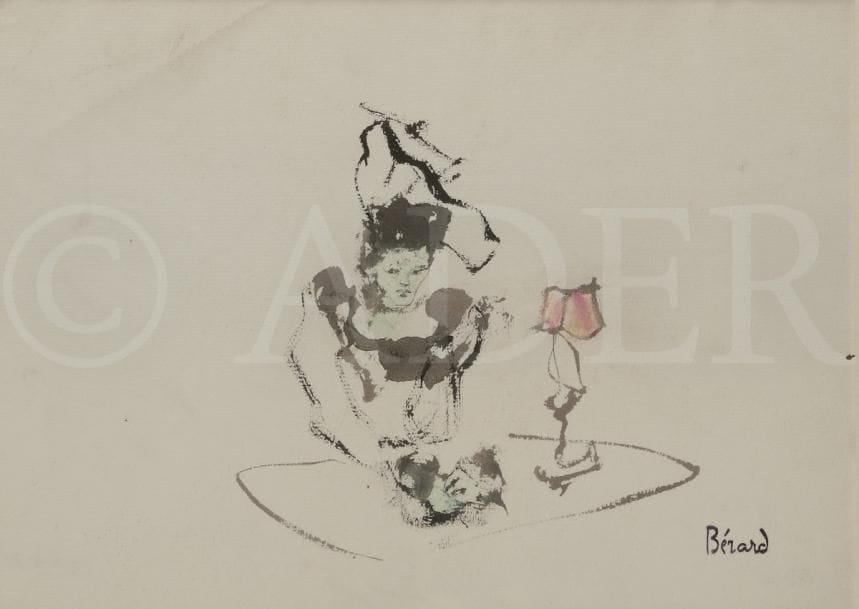 Christian BÉRARD (1902-1949)
Femme au guéridon et lampe
Encre, lavis et rehauts de pastel.
Porte le timbre de la signature en bas à droite.
(Petit pli).
21 x 29 cm