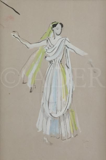 Christian BÉRARD (1902-1949)
Femme au drapé
Gouache.
Non signée.
28 x 19 cm
Provenance : 
Collection Hector Pascual (cachet au dos du montage).