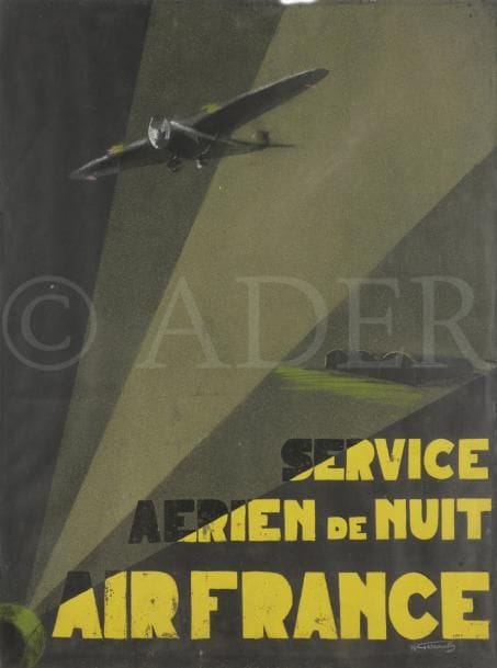 Paolo Federico GARRETTO (1903-1991)
Servie Aérien de Nuit - Air France, 1937
Gouache originale (projets d’affiches).
Signée et datée en bas à droite.
(Petits manques et déchirures).
65 x 50 cm