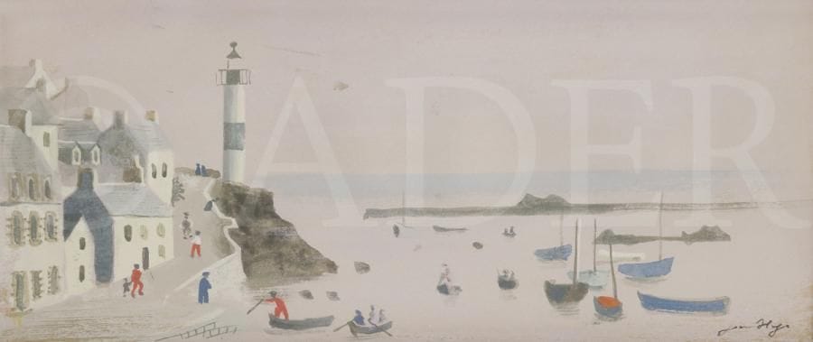 Jean HUGO (1894-1984)
Le Petit port
Gouache.
Signée en bas à droite.
Ancienne étiquette au verso : « Galerie Renou et Collé, (vers 1935), exposition musée des Beaux-Arts de Nantes, série A ».
9 x 21 cm