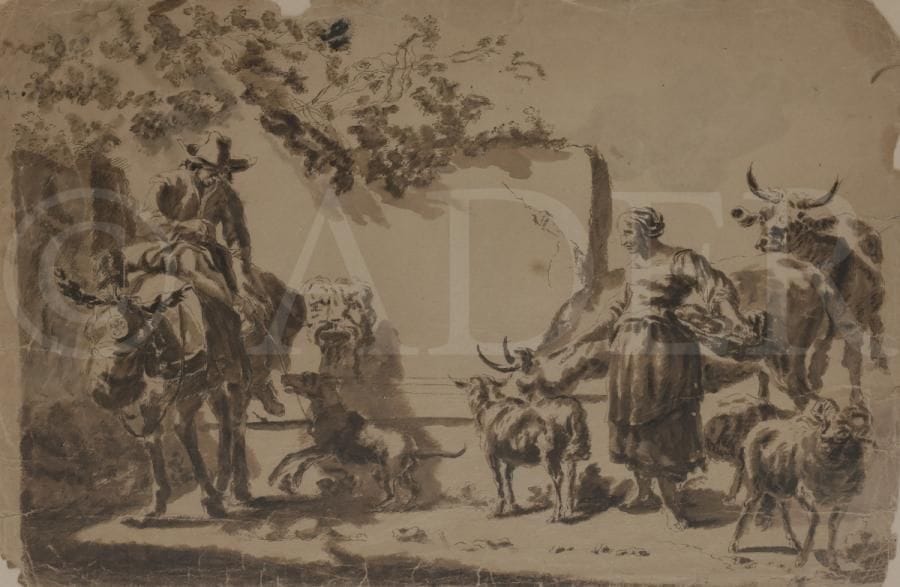 ÉCOLE DU NORD 
d’après Narcisse BERCHEM
L’Abreuvoir
Plume et encre brune, lavis brun.
(Mauvais état).
34 x 50 cm