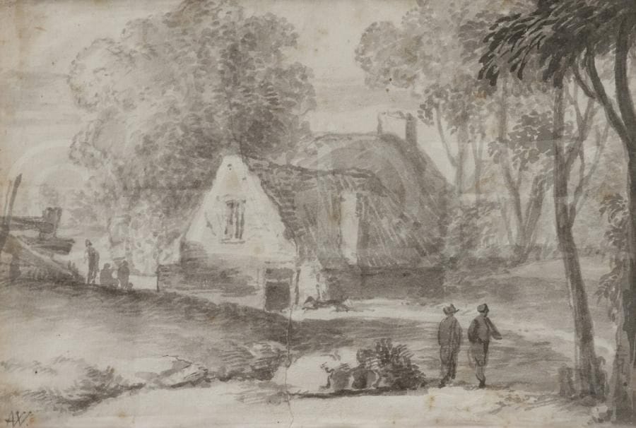 ÉCOLE DU NORD du XVIIIe siècle
Paysage à la chaumière
Lavis gris.
Porte un monogramme « AW » en bas à gauche.
(Rousseurs et déchirures).
10 x 14,5 cm