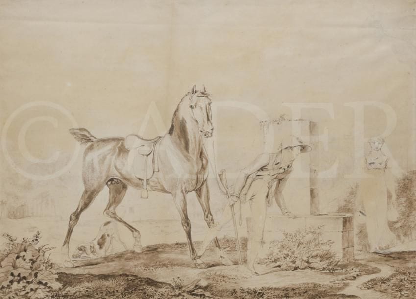 Attribué à Carle VERNET (1758-1836)
La Rencontre fortuite au puits
Plume, encre brune sur traits de crayon noir, lavis brun et gouache blanche.
(Mauvais état).
42 x 54 cm