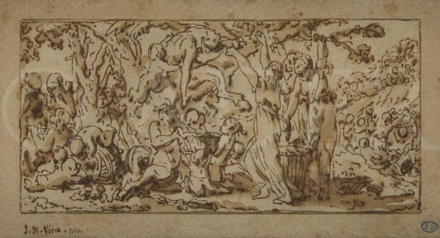 Joseph Marie VIEN (1716-1809)
La Cueillette
Plume et encre noire, lavis gris.
Signé en bas à gauche.
5 x 13,5 cm
Provenance : 
Collection J. Dupan, son cachet en bas à droite (Lugt 1440).