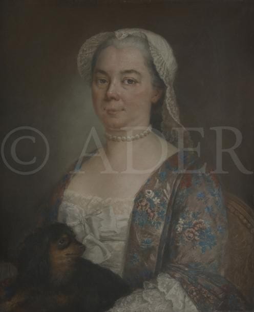 ÉCOLE FRANÇAISE du XVIIIe siècle
Femme au collier de perles avec son chien
Pastel.
(Quelques déplaquages).
63 x 52 cm