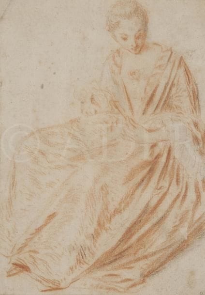 ÉCOLE FRANÇAISE du XVIIIe siècle
Femme assise d’après Watteau
Sanguine et crayon noir.
17 x 11,8 cm
 
L’original de notre dessin est conservé au Getty Museum, (cf P. Rosenberg et L.A. Prat, Watteau, Catalogue Raisonné des dessins, Milan, éd. Léonardo Arte, 1996, Tome II, p. 782, n°469a, reproduit).