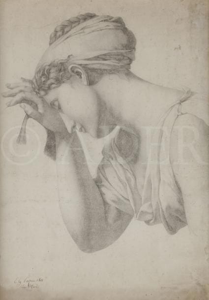 Edme-Gratien PARIZEAU (1783-?)
Étude de femme en buste, d’après David, 1811
Crayon noir.
Signé et daté en bas à gauche « E.G. Parizeau 1811 / Élève de David ».
(Taches).
53,5 x 38,5 cm