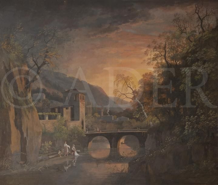 Louis GADBOIS (1770-1826)
Paysage au coucher de soleil
Gouache sur papier marouflé sur toile.
Signée sur la droite.
82 x 96 cm
(Restauration).