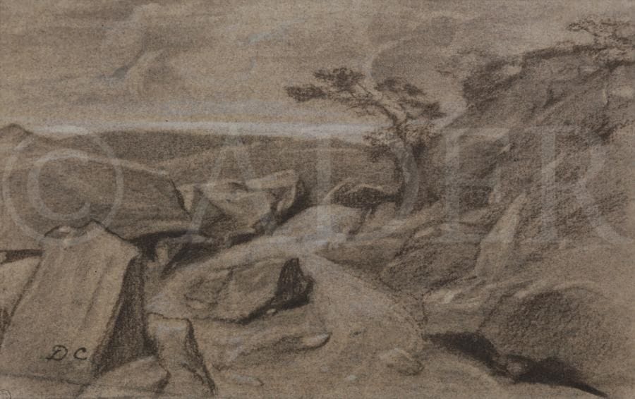 Alexandre-Gabriel DECAMPS (1803-1860)
Paysage au rocher
Fusain, estompe et rehauts de gouache blanche.
Monogramme rajouté en bas à gauche.
15 x 22 cm
Provenance : 
Collection Jean Gigoux, son cachet en bas à gauche (Lugt 1164).