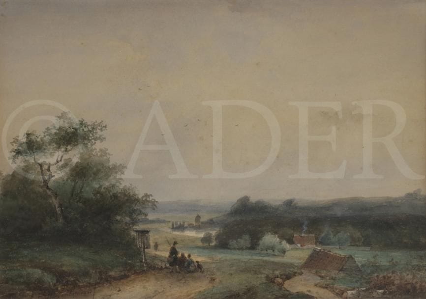 Johannes Franciscus HOPPENBROUWERS (1819-1866)
Famille sur le chemin
Aquarelle.
Signée en bas à gauche.
21,5 x 30 cm