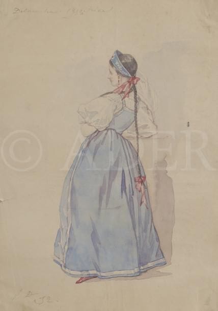 Attribué à Paul DELAROCHE (1797-1856)
Étude de femme en pied en costume traditionnel
Aquarelle sur traits de crayon noir.
Annotée en haut à gauche « Delaroche 1852 ».
Monogrammée et datée en bas à gauche « P.D,52 ».
(Déchirure au centre à gauche, petites pliures).
25,8 x 18 cm