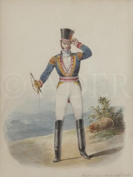 Attribué à Horace VERNET (1789-1863)
Une paire : un laquais et un postillon en costume de gala
Aquarelle sur traits de crayon noir.
Titrées en bas à droite.
Petites taches sur l’une d’elle. 
22,8 x 17,5 cm chacune