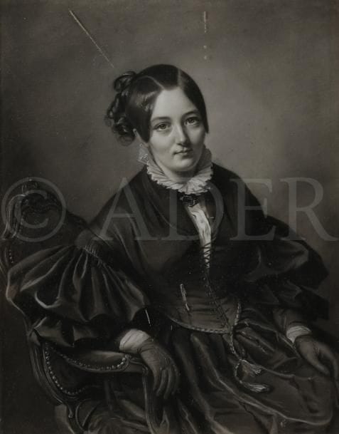 Attribué à Alexandre COLIN (1798-1875)
Portrait de femme assise
Crayon noir, estompe et rehauts de craie blanche.
25 x 20 cm