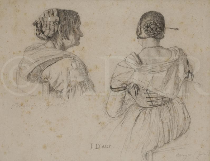 Jules DIDIER (1831-1914)
Femmes d’Italie à Terracine et Anagni, 1859
Crayon noir.
Signé en pied.
Signé, daté, situé et annoté « 1859 ».
(Rousseurs). 
32 x 26 cm
