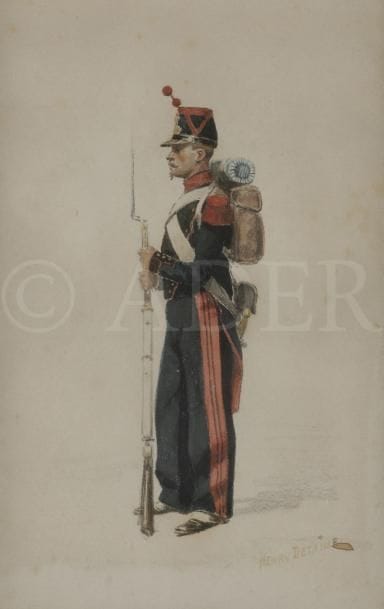 Henri DETAILLE, 
ÉCOLE FRANÇAISE du XIXe siècle
Un Fantassin
Aquarelle gouachée.
Signée en bas à droite.
22,5 x 14,45 cm