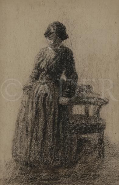 Attribué à François BONVIN (1817-1887)
Jeune fille appuyée sur un fauteuil
Fusain et rehauts de craie blanche.
36 x 23 cm