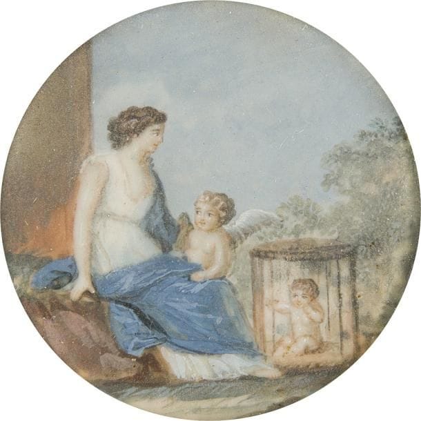 Jeune femme et Amour, près d’un Amour en cage
Miniature du XIXe siècle, diam. 5 cm
On y joint deux fixés sous verre du XIXe siècle :
- Une vue du Panthéon à Paris, avec Aux grands hommes la Patrie reconnaissante lisible au fronton, trace de signature en bas au centre en partie sous le cadre : …SON
Ovale 3,5 x 2,6 cm, dans son cadre ovale en bois noirci.
- un paysage pastoral avec fermière, vache et moutons, ovale 4,9 x 6 cm, cerclée de laiton (petits accidents)