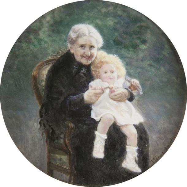 Grand-mère assise avec une petite fille, sur fond de verdure
émail avec procédé photographique signé en bas à droite : Meroz Lossier ?, à vue diam. 8 cm
Cadre en bois doré, XXe siècle, diam. 10 cm