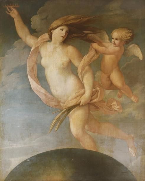 École BOLONAISE vers 1700, suiveur de Guido RENI
Allégorie de la Fortune 
Toile 
164 x 131 cm
Restaurations anciennes