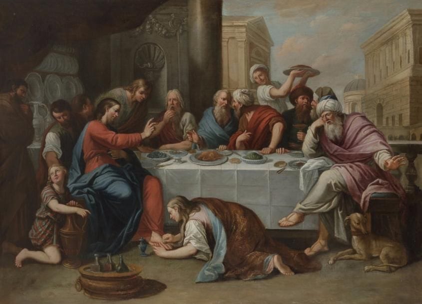 Jean François DURAND 
(Nancy 1731 - 1778)
Le lavement des pieds
Toile 
81 x 116 cm
Signée et datée à droite sur le tabouret : J. Durand f 1751
Restaurations anciennes 
Sans cadre