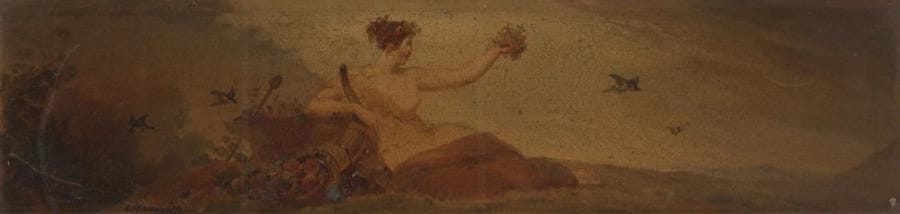 Jean-Baptiste MAUZAISSE (1784-1843)
Les quatre saisons
Suite de quatre papiers marouflés sur toile
14,5 x 60,5 cm

L’hiver, le printemps et l’été, signés en bas à droite : Mauzaisse
L’automne, signé en bas à gauche : Mauzaisse
Griffures et accidents
(quelques accidents)
 
Nos quatre tableaux sont les esquisses des décors du Louvre, commandés en 1828 à Jean-Baptiste Mauzaisse, pour les voussures du plafond de la salle des Bijoux (actuelle salle 34 du département des Antiquités grecques, étrusques et romaines). 

Cette salle abritait alors les bijoux antiques et introduisait le musée Charles X, inauguré l’année précédente. Le décor complet ne fut livré que sous la Monarchie de Juillet, en 1831-1835. Outre le plafond livré dès 1822, qui avait pour sujet Le Temps montrant les ruines qu’il amène et les chefs-d’oeuvre qu’il laisse ensuite découvrir, et les voussures sur le thème des Quatre saisons, Mauzaisse exécuta également quatre dessus-de-porte, les Quatre éléments, évoqués par des putti, ainsi que quatre entre-fenêtres figurant les Arts, les Sciences, le Commerce et la Guerre.
 
Bibliographie :
Sébastien Allard, Le Louvre à l’époque romantique. Les décors du palais (1815 - 1835), Musée du Louvre, Paris, 2006, pp. 39-47.