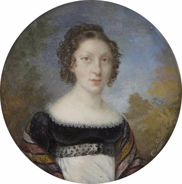 Charles-Pierre CIOR (Paris, 1769-1840)
Femme à mi-corps dans un paysage, en chignon natte et boucles, robe blanche à bustier noir bordé de fine dentelle, châle rayé multicolore
Miniature du XIXe siècle, vers 1830, signée à droite : Cior
Diam. à vue 6,1 cm, cadre en bois bruni, rect. 12 x 12,6 cm 
(petites restaurations ; cadre piqué).