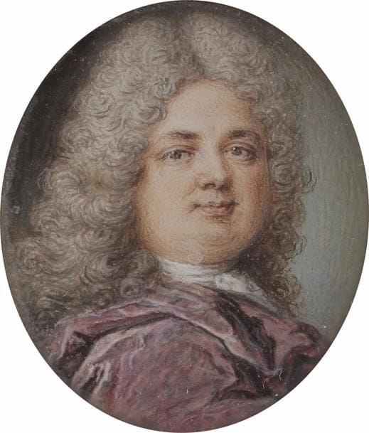 Portrait présumé du marquis d’Armaillé en perruque longue, en buste vers la droite dans un manteau pourpre
Miniature à la gouache sur vélin du début du XVIIIe siècle, à vue 3,6 x 3 cm
Identification ancienne au verso : Mis d’Armaillé
Dans un médaillon en or ciselé avec bélière et anneau de suspension, 4,2 x 3,3 cm, poinçon de garantie hibou 75, poids brut total : 14,50 gr.
Il pourrait s’agir de François-Pierre de La Forest d’Armaillé (1676-1743) châtelain de Craon en Anjou, fils d’un Conseiller au Parlement de Paris.