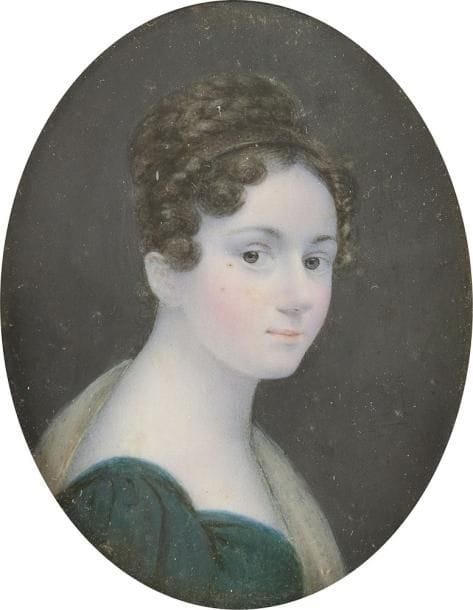 Portrait présumé d’émilie Lachaud de Loqueyssie (Dresde, 1793-Paris, 1863), peintre, en buste de profil vers la droite, la tête de trois-quarts, chignon tresse, robe verte et châle beige sur l’épaule gauche
Miniature, vers 1825, ovale à vue 6,2 x 4,8 cm
Annotation manuscrite au revers : Emilie /  de  /  Loqueyssie /  née v Hebenstreit  /  membre de l’Académie  /  de peinture de Dresde  /  Anvers. Florence
Cadre en métal doré surmonté d’un nœud, ovale H. totale 8,4 cm