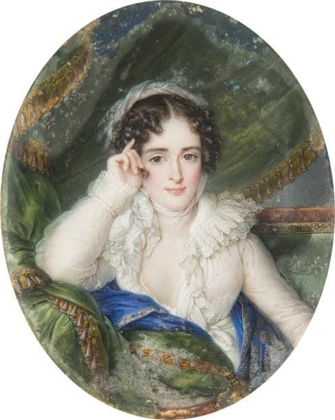 Louis-Marie AUTISSIER
(Vannes, 1772 - Bruxelles, 1830).
Jeune femme accoudée dans un sofa sur fond de rideau vert à franges dorées, en robe blanche très décolletée, un foulard en turban dans ses cheveux bruns bouclés
Miniature du XIXe siècle, ovale 9,8 x 8 cm
Signée et datée et localisée à droite : Autissier  /  Paris 1821
Identifiée au revers de la miniature : Mde Maurin ( ?)
Cadre ovale en bois doré, 12,1 x 10,1 cm
(gondolé, mouillures, frottements dans les fonds n’affectant pas le sujet, verre pleureur)