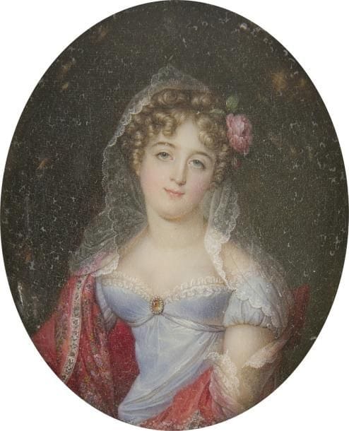 Louis-Marie AUTISSIER
(Vannes, 1772 - Bruxelles, 1830).
Portrait présumé d’Isabelle Bishop 
Miniature ovale 9,5 x 7,8 cm
Signée et datée et localisée à droite : Autissier  /  à Paris 1818
Identifiée au revers de la miniature : Isabelle Bishop écossaise
Cadre ovale en bois doré, ovale, 11,5 x 9,3 cm
(mouillures et frottements dans les fonds n’affectant pas le sujet, verre malade)