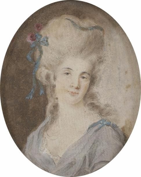 École française vers 1770-1775
Portrait de femme à la haute coiffure ornée de ruban et de roses, robe décolletée lavande
Miniature à la gouache et aquarelle sur papier, à vue 7,8 x 6,2 cm (rousseurs)
Au revers étiquette : G.V.A.  /  vélin L.XVI
Cadre à large visière de laiton moulé et doré, et placage de loupe, formant chevalet, XIXe siècle, rect. 16,6 x 14,1 cm (très petit choc en bas du cadre)