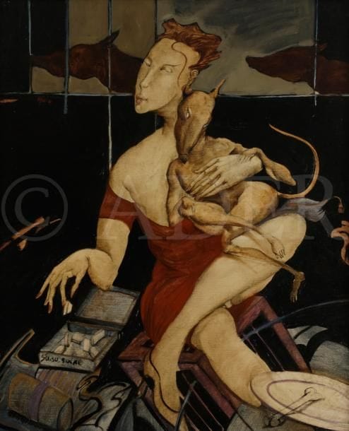 Jean-Pierre CEYTAIRE (né en 1946)
Femme au chien
Huile sur toile.
Signée en haut à gauche.
73 x 60 cm