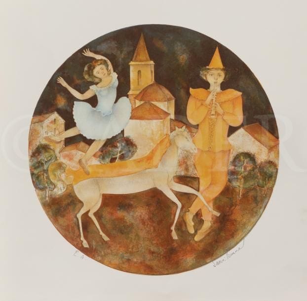 Sakti BURMAN [indien] (né en 1935)
L’Écuyère
Lithographie en tondo.
Signée et annotée E.A.
52 x 54 cm