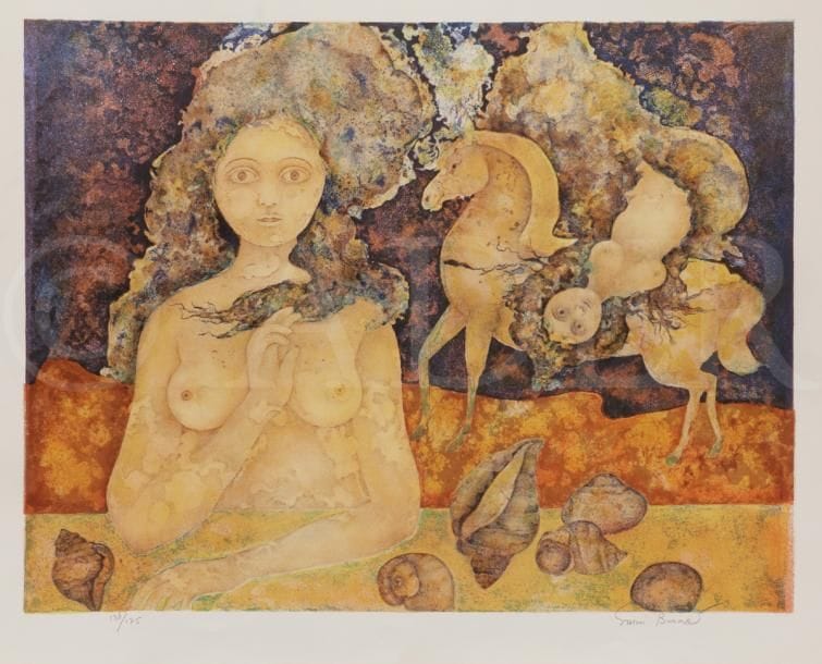 Sakti BURMAN [indien] (né en 1935)
Femme et écuyère aux coquillages
Lithographie.
Signée et numérotée sur 175.
54 x 76 cm