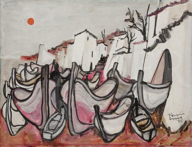 Jean-Claude DRAGOMIR (1931-1965)
Barques et village en Espagne, 1955
Gouache.
Signée, datée et située en bas à droite.
(Pli cassé).
49 x 64 cm