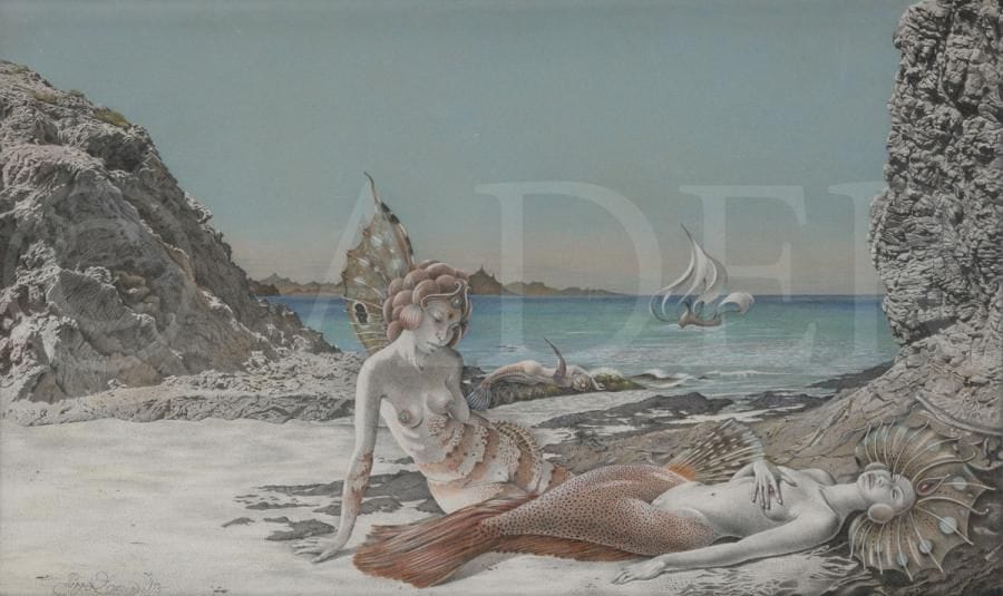 Pierre LACOMBE (né en 1931)
Sirènes, 1975
Gouache.
Signée et datée en bas à gauche.
26.5 x 43.5 cm
Provenance : 
Galerie 3+2, Paris (étiquette au dos).