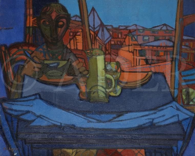 Pierre-César LAGAGE (1911-1977)
Homme déjeunant et fenêtre sur les toit, vers 1945-48
Huile sur toile.
Signée en bas à gauche.
(Petits manques).
60 x 73 cm