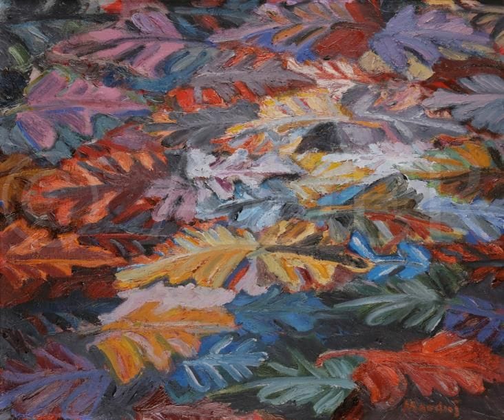 Mira MAODUS [russo-croate] (née en 1942)
Automne, 1986-87
Huile sur toile.
Signée en bas à droite.
Signée, datée, titrée et située au dos.
54 x 65 cm