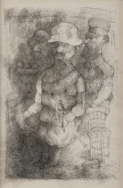 Denis POUPPEVILLE (né en 1947)
Militaires, 1983
Encre de Chine.
Signée et datée en bas à droite.
24 x 16 cm