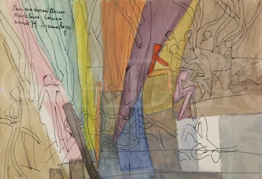 Suzanne ROGER (1899-1986)
Au bois, 1979
Encre et aquarelle.
Signée, datée et dédicacée en haut à gauche.
17 x 25.5 cm
Provenance : 
Collection Madeleine Gabail, Paris.