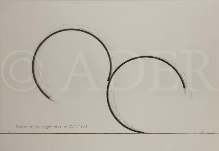 Bernar VENET (né en 1941)
Position of two major arcs of 257.5° each, 1980
Lithographie.
Signée, datée et annotée P.P 4/6.
Épreuve avant impression retouchée à la main par l’artiste.
76 x 104 cm