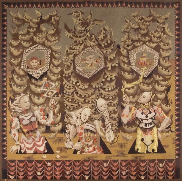 Lucien COUTAUD (1904-1977) Cartonnier & Atelier PINTON Frères à Aubusson
Passe-temps
Tapisserie.
Infimes restaurations aux endroits de fixation au mur.
Signée COUTAUD dans la trame en bas à droite, porte le monogramme de l'atelier PINTON Frères Aubusson dans la trame en bas à gauche et porte un ruban cousu au dos avec le titre et les dimensions.
185 x 190 cm