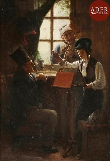 Jean-Georges VIBERT (1840-1902)
La Leçon de musique, 1864
Huile sur toile.
Signée et datée en bas à gauche.
46 x 33 cm
