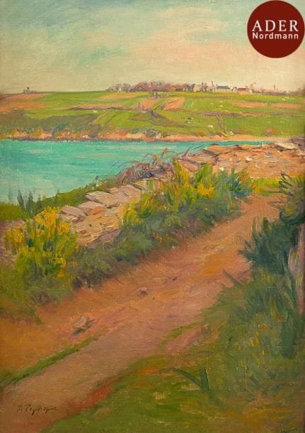 Jean PEGOT-OGIER (1877-1915)
Bord de la Laïta, Le Pouldu
Huile sur toile.
Porte le timbre de la signature en bas à gauche.
65 x 46 cm

Nous remercions Monsieur Christian Bellec pour les informations qu’il nous a transmises.
