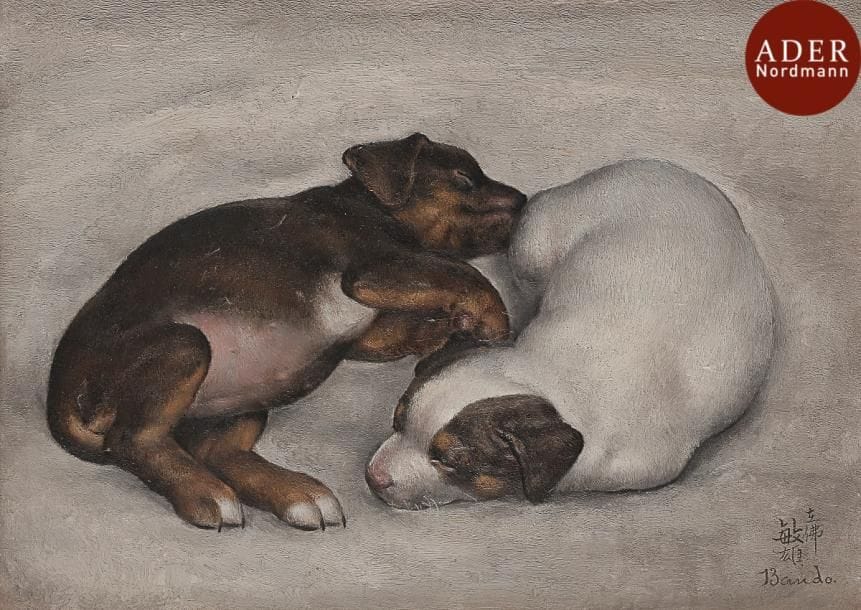 Toshio BANDO (1890-1973)
Chiots
Huile sur toile.
Signée en bas à droite.
24 x 33 cm

Provenance : 
Collection Maurice Laffaille, Paris.
