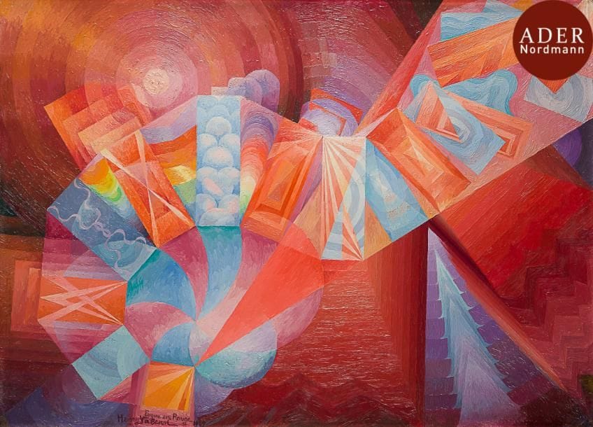Henri VALENSI (1883-1960)
Fugue en rouge, 1948
Huile sur toile.
Signée, datée et titrée en bas à gauche.
(Restauration).
73 x 100 cm

Exposition : 
- Henri Valensi et le musicalisme, Musée des Beaux-Arts, Lyon, 22 mai - 19 septembre 1963 
- The Non-Objective World, 1939-1955, Annely Juda Fine Arts, Londres, 6 juillet-8 septembre 1972, puis Galerie Liatowitsch, Bâle, 20 septembre-26 octobre 1972 et Galleria Milano, Milan, 14 novembre-30 décembre 1972, n°179, reproduit au catalogue.

Nous remercions Monsieur Didier Vallens, président de l’association des ayants-droits du peintre
(musicalisme.fr) pour les informations qu’ils nous a transmises.
L’œuvre est répertoriée dans les archives du peintre.
