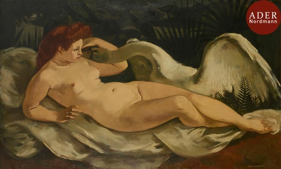 Lucien-Joseph FONTANAROSA (1912-1975)
Léda et le cygne
Huile sur toile.
Signée en bas à droite.
90 x 150 cm

Provenance :
Famille de l’artiste.

Œuvre en rapport : Nu se coiffant, 1947 reproduit in Michel Ratier, Raymond Trillat, Fontanarosa, Genève, Pierre Cailler Éditeur, 1969, n° 6.

Lucien Fontanarosa nait à Paris, de parents italiens. Il entre en 1932 à l’école des Beaux-Arts de Paris, reçoit en 1936 le Grand Prix d’Afrique du Nord avant de décrocher en 1937 le Prix de Rome.
Il devient l’un des acteurs majeurs de l’école figurative d’après-guerre. Peintre de grand talent, il reçoit de nombreuses commandes de l’état et entre à l’Académie des Beaux-Arts en 1955.
Son art est largement popularisé par les couvertures de livres et les effigies des billets de banque qu’on lui commande dans les années 60.
Le peintre, disparu à 63 ans, laisse derrière lui une oeuvre remarquable et une famille tout aussi talentueuse dans le domaine de la musique classique.